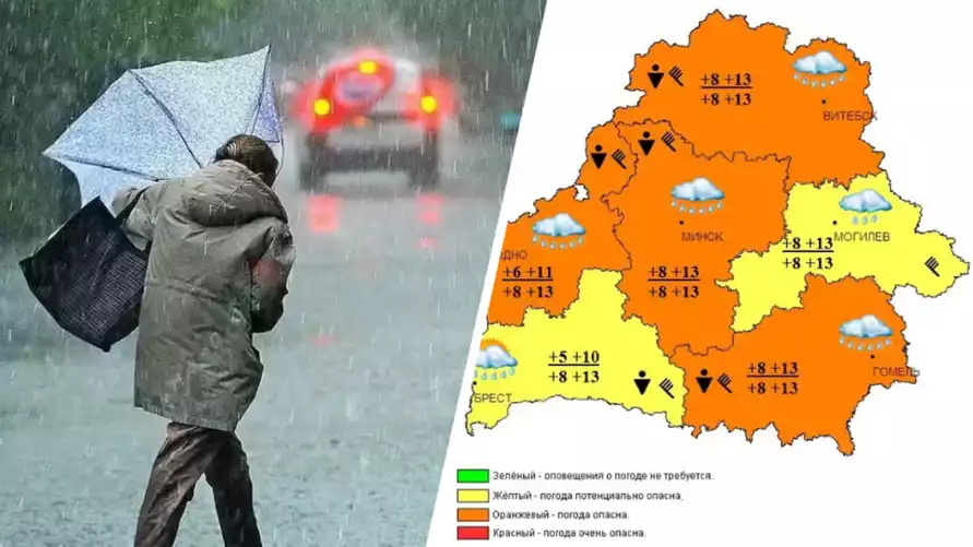 Белгидромет объявил "оранжевые" ливни в 4 областях. Где добавятся грозы и ветер 72 км/ч?