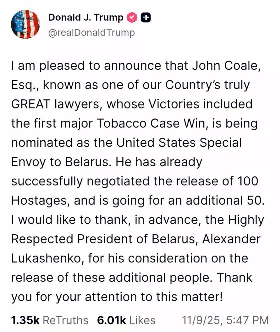 Трамп назначил спецпосланника по Беларуси и призвал Минск освободить ещё 50 заключённых