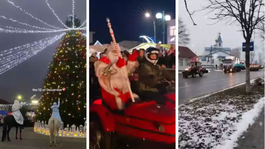 На конях, тракторах и байках. Белорусы показали, как Деды Морозы зажигали ёлки в райцентрах