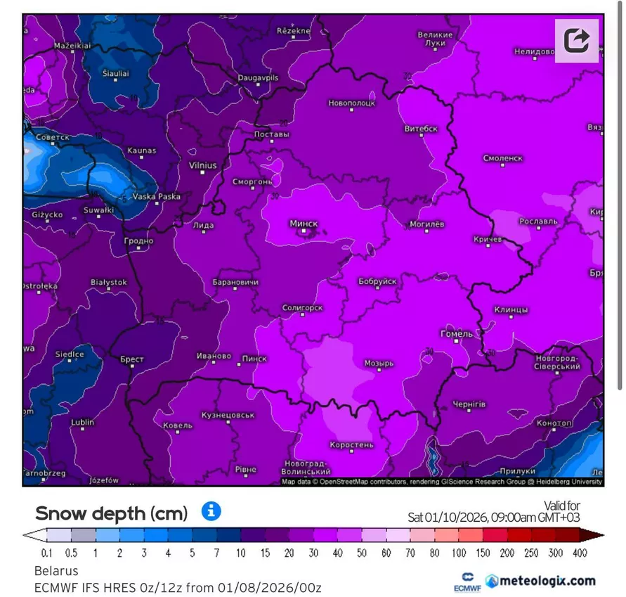 Циклон Улли несёт в Беларусь до 50 см снега. А сколько было после Хавьера?